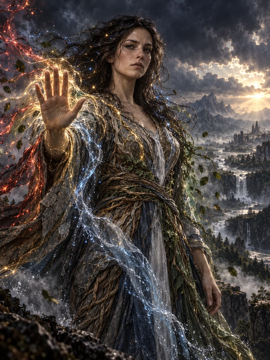 Portrait of Avarra — the living heart of Veyra, radiant with fire, water, and living vine light above a sunlit mountain valley