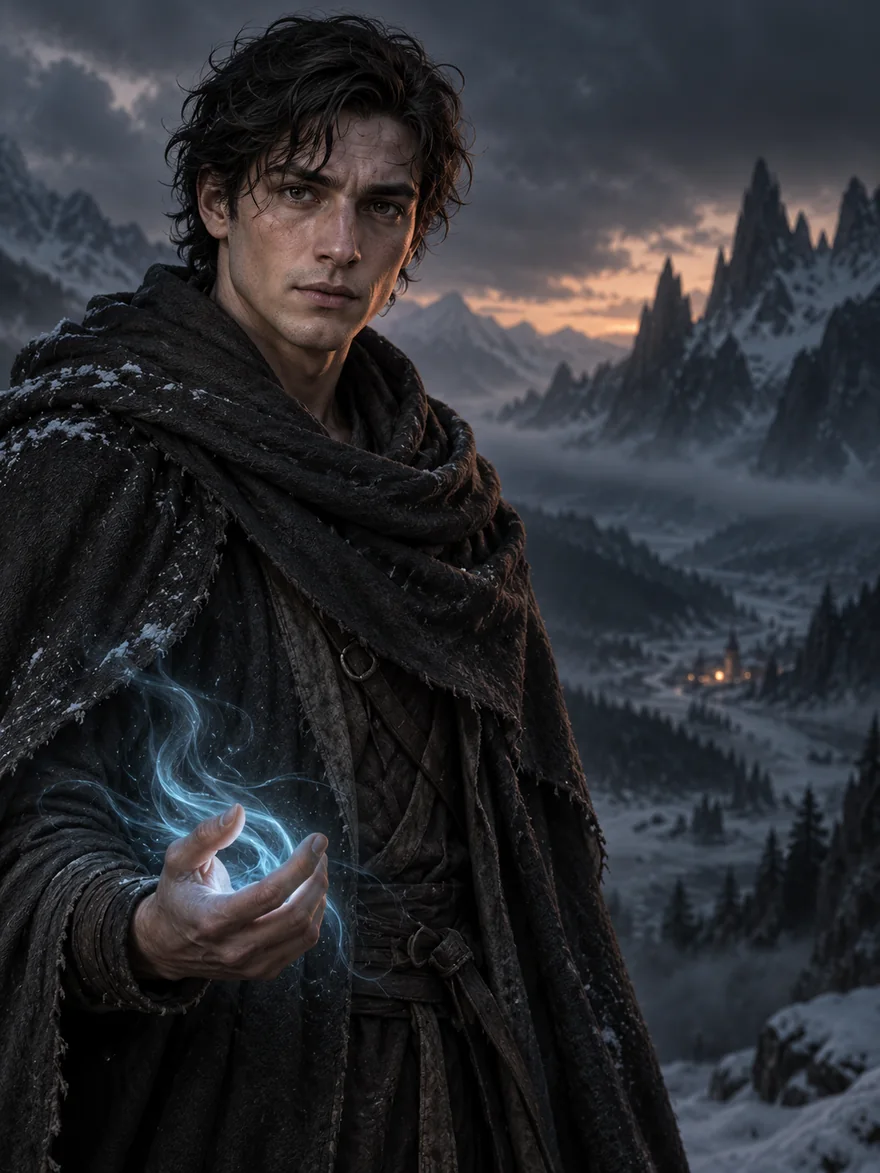 Portrait of Eiran — a cloaked young man holding a wisp of turquoise magic above a snowbound valley