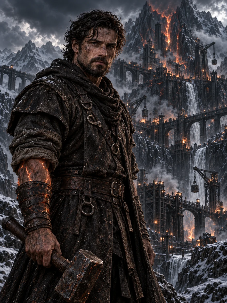 Portrait of Garran Blackiron — a weathered mountain engineer gripping a great warhammer, lava-cracked furnace city collapsing behind him in the peaks of Dorran