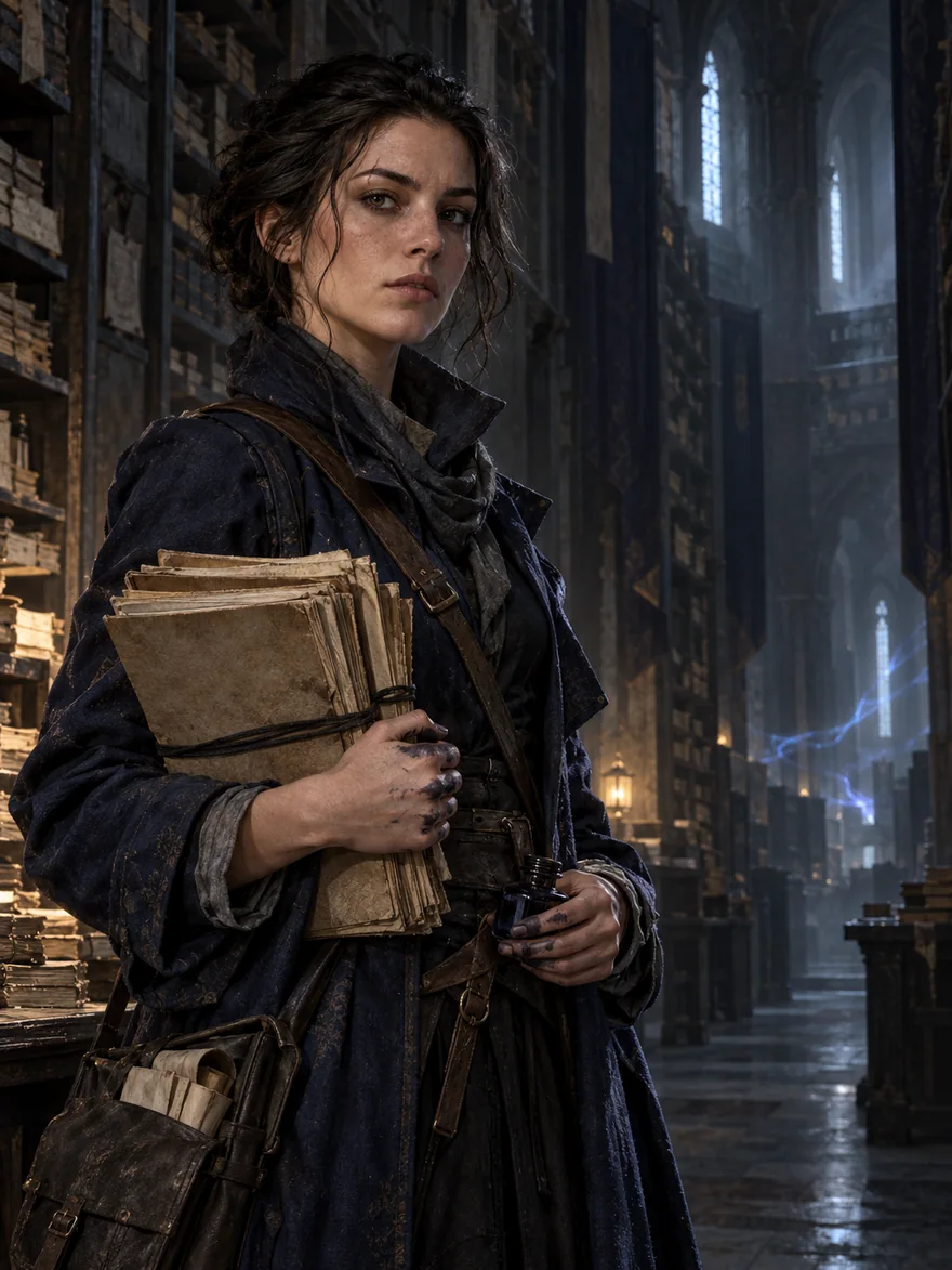 Portrait of Kessa — an archivist in ink-stained cuffs carrying ledgers through a vast candlelit library