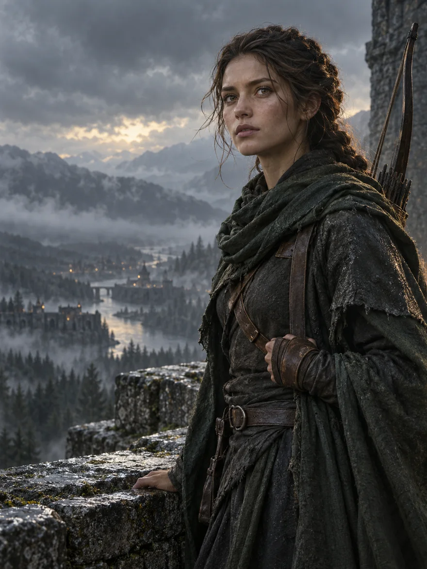 Portrait of Lysa — a bow-carrying woman in weathered leathers standing watch on a mountain parapet