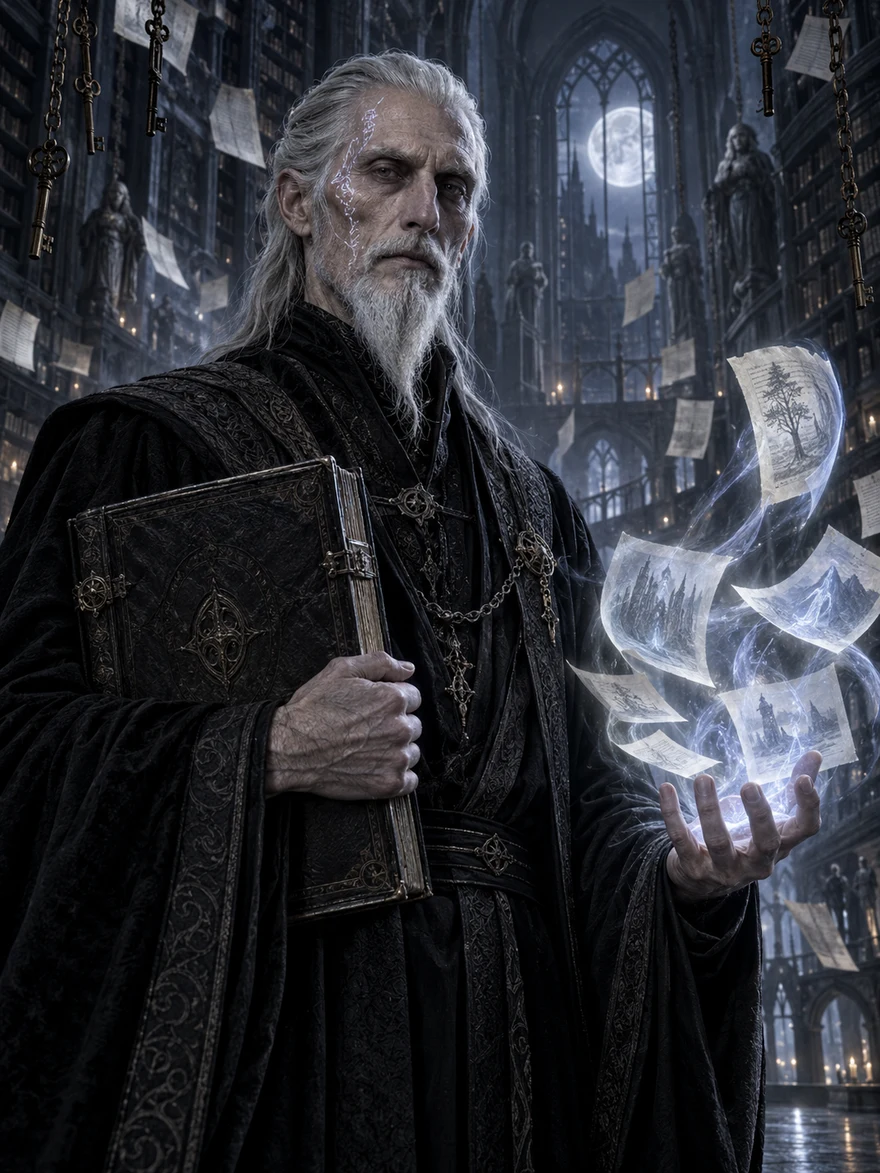 Portrait of Morcant, born Caro Nen — an older, silver-haired and silver-bearded Pale King holding a black ledger, moonlit memory-pages drifting around him in a gothic archive