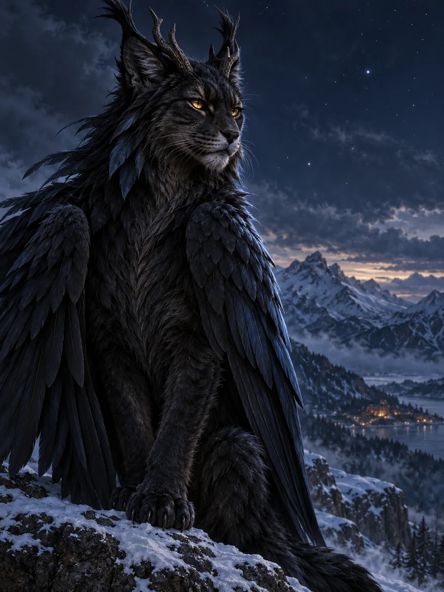 Portrait of Rook — a black-feathered horned beast with golden eyes seated on a snowy ledge at night