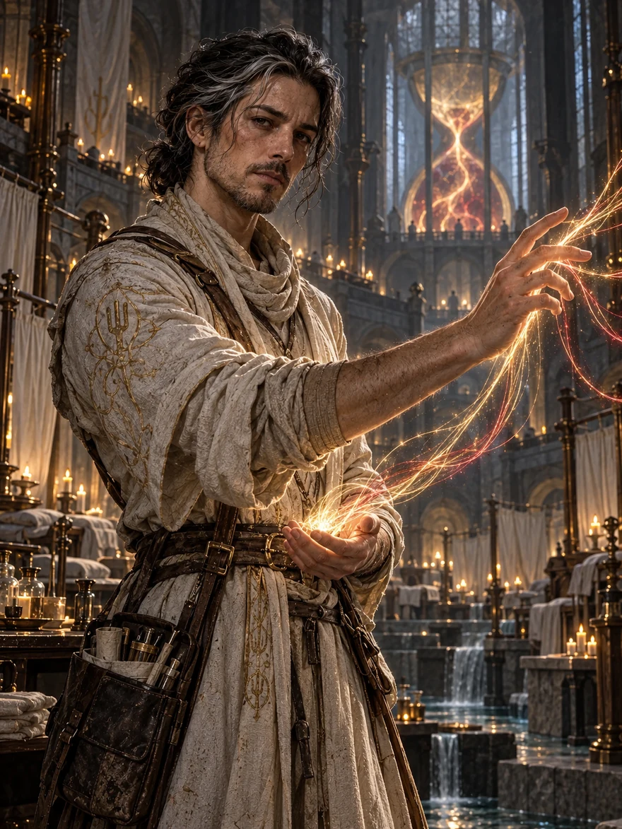 Portrait of Solivar — a healer in pale robes channeling golden threads of borrowed life within a vast candlelit sanctuary