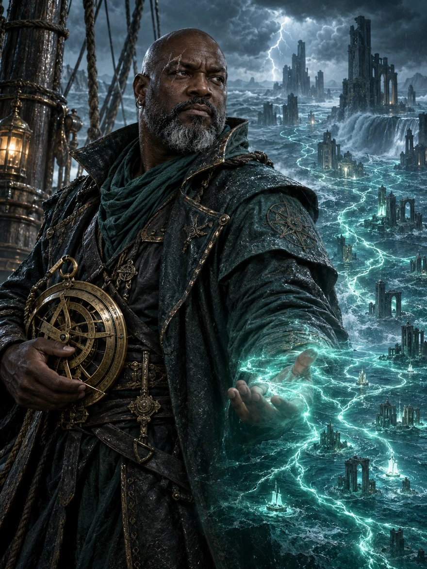 Portrait of Thalen Vey — a weathered, dark-skinned, shaved-headed Drowned King with a salt-and-pepper beard holding a brass astrolabe above stormy drowned ruins