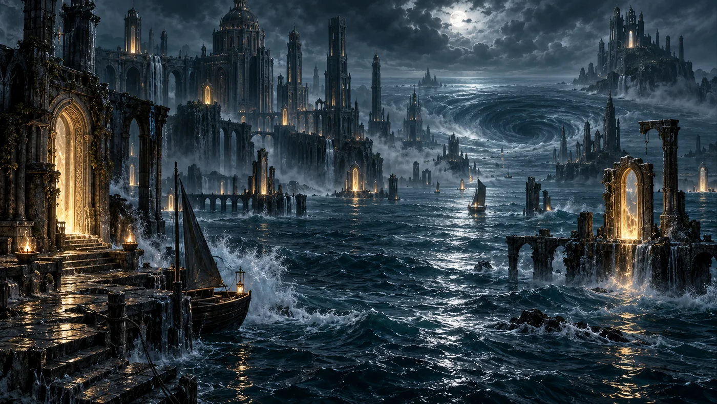 The Western Sea off Allshore — storm waves breaking around drowned ruins and glowing doorways beneath a full moon