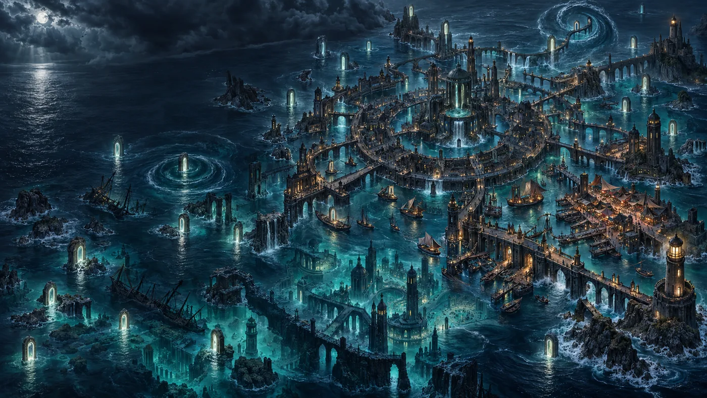 Map of Allshore, the Drowned Kingdom on the Western Sea — moonlit waters, whirlpools, and glowing doorways among sunken towers