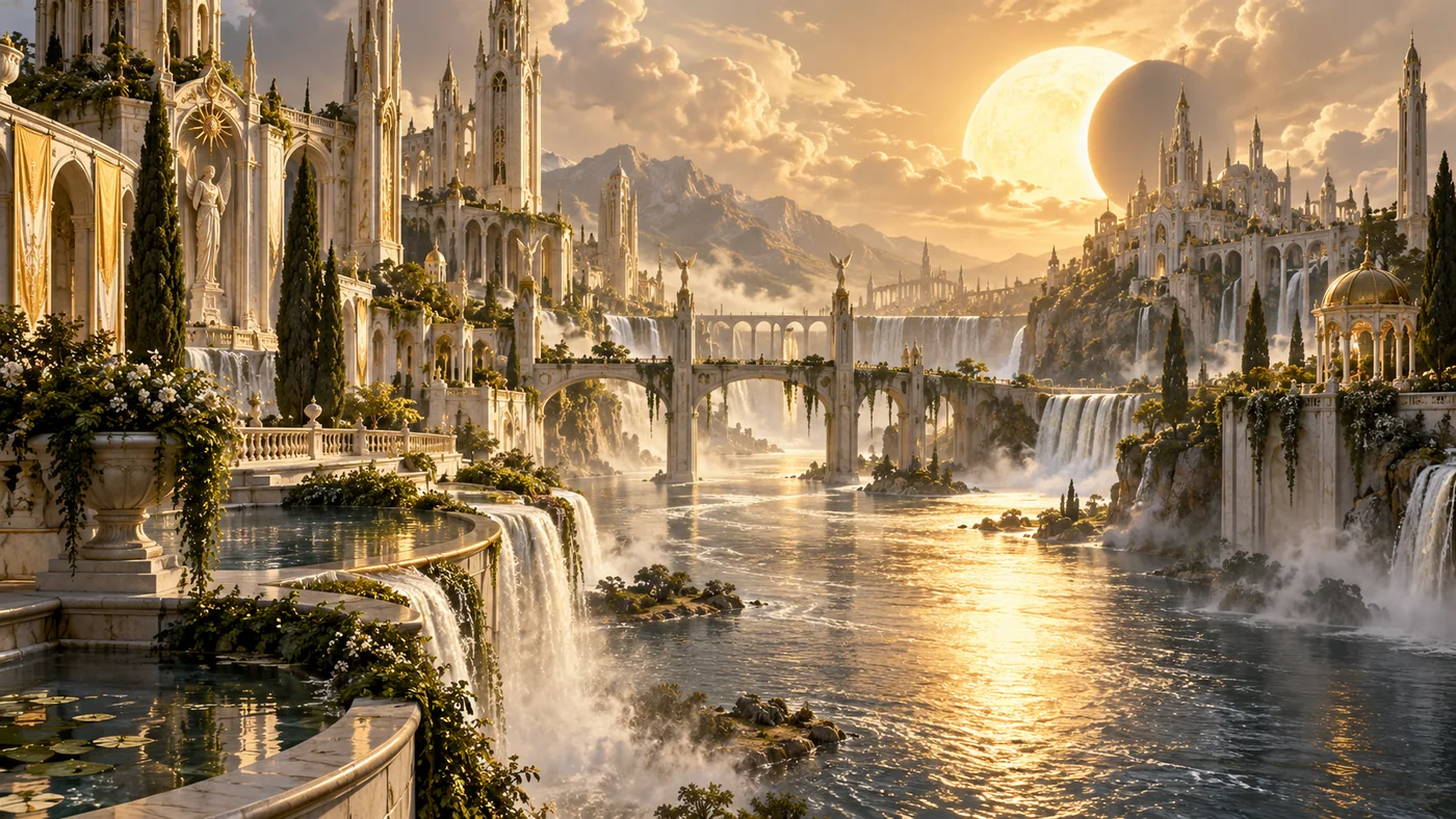 Anvar, the Radiant Kingdom — white-and-gold terraces, bridges, and waterfalls glowing beneath an eclipsed sun
