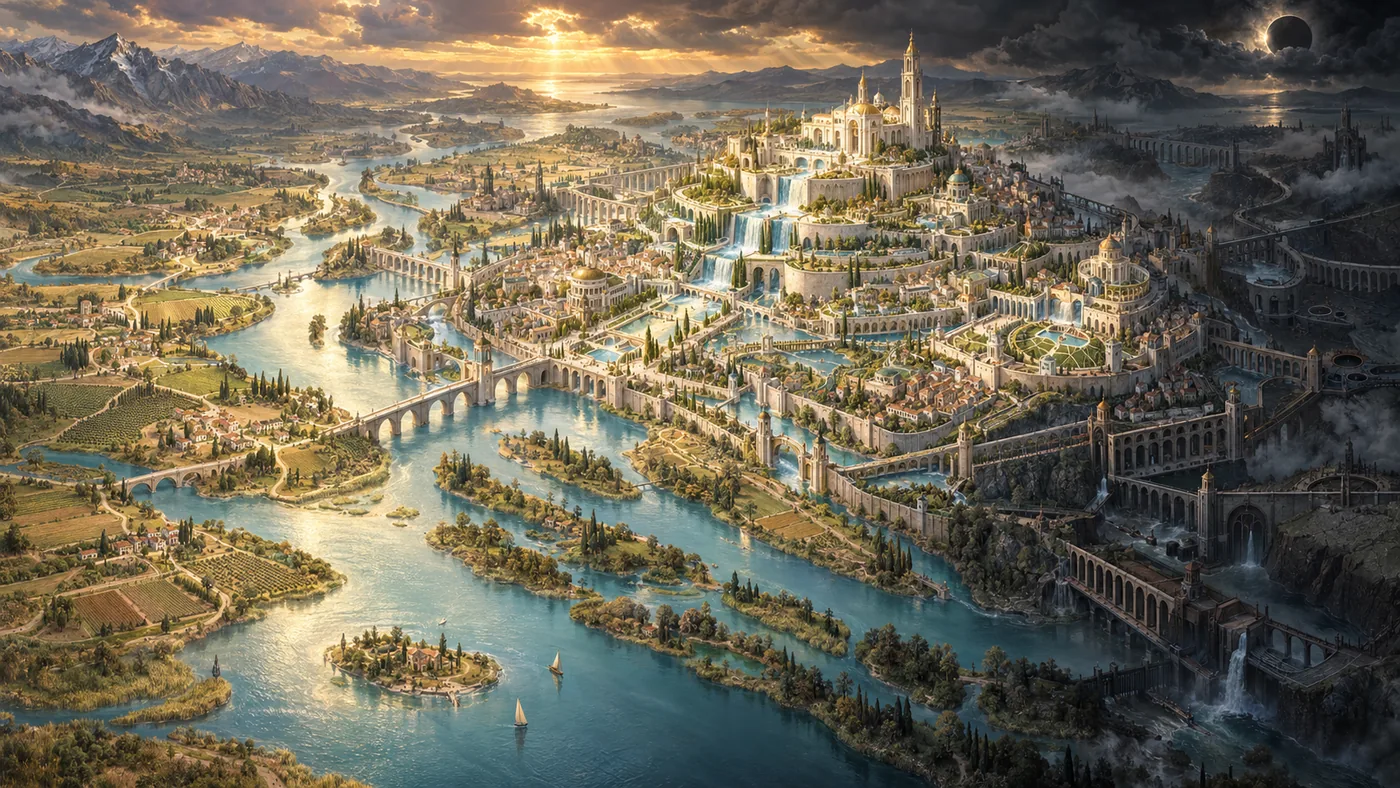 Map of Anvar, the Radiant Kingdom — a golden river-realm of white towers and waterfalls beneath an eclipsed sun