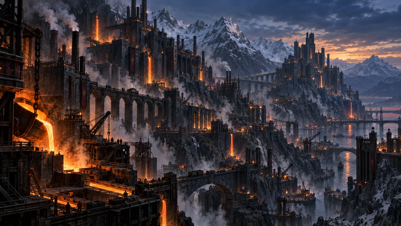 Greyhaven at dusk — molten metal pouring through a smoke-wreathed industrial city beneath snow-capped peaks