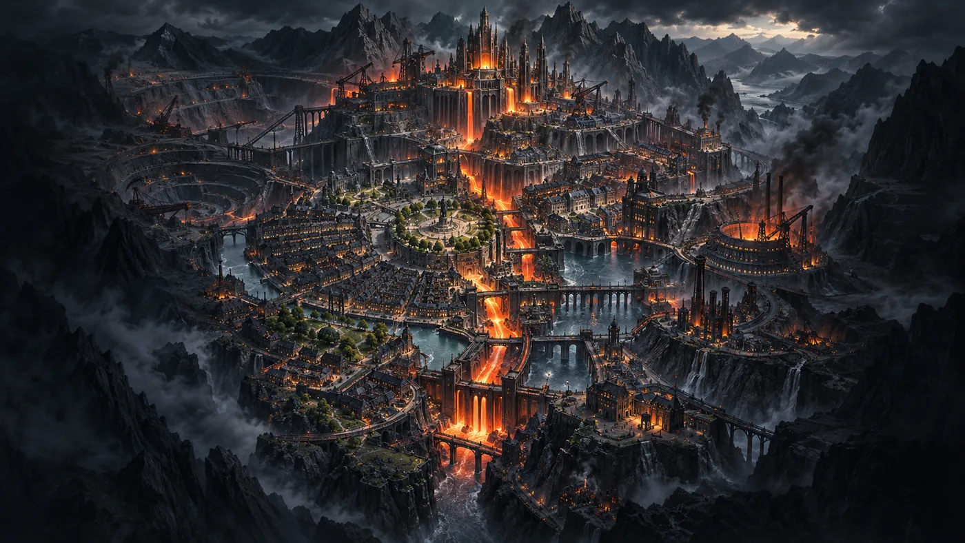 Map of Greyhaven, the Iron Kingdom — furnace-lit foundry cities, viaducts, and molten channels cut into black mountains