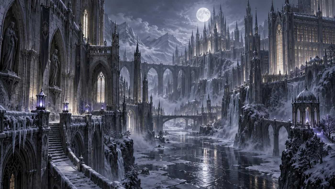 Istren, the Pale Kingdom of Nhal — moonlit gothic spires, statues, and frozen waterfalls along an icy river