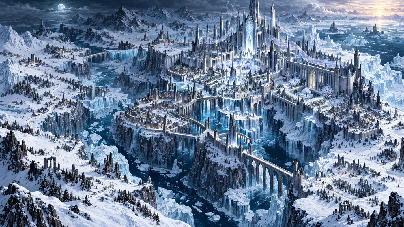 Map of Istren, the Pale Kingdom of Nhal — a frozen gothic city of spires and ice bridges under a pale moon