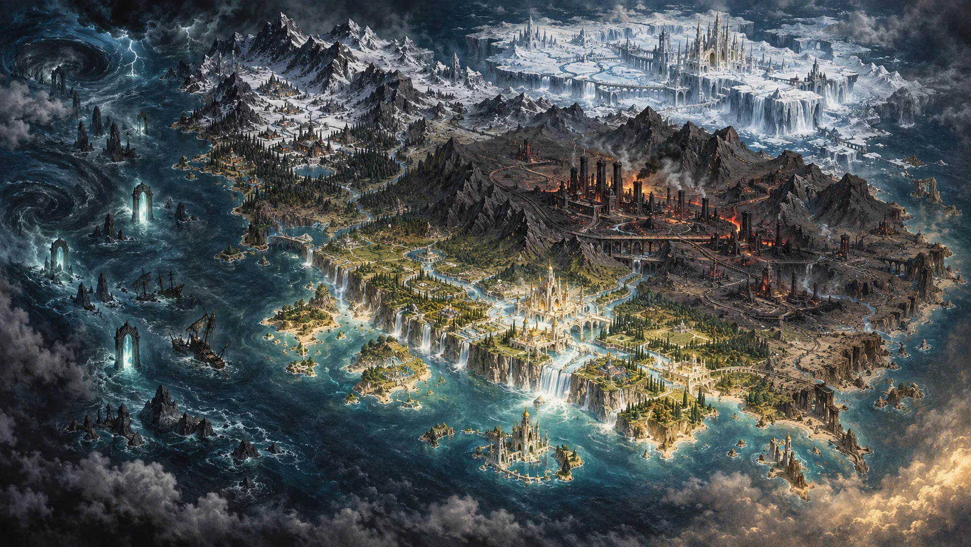 Illustrated world map of Veyra — the frozen north, the furnace lands of Greyhaven, the golden realm of Anvar, and the doorway-strewn Western Sea